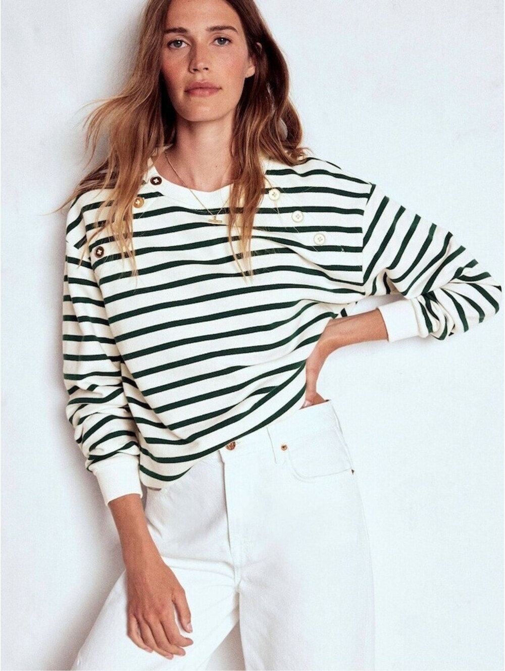 NWOT Boden Green & White Striped Button Shoulder Sweatshirt Size M